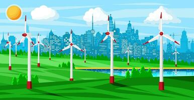 Wind Farm in Green Fields Among Trees. Nature Landscape with Modern Windmills. Green Energy Concept Banner. Ecology Alternative Energy Source Technology. Flat Vector Illustration