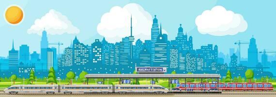 Modern Railway Station with High Speed Train. Platform with Schedule. Super Streamlined Train. Passenger Express Railway Locomotive. Railroad Public Transportation Subway. Flat Vector Illustration