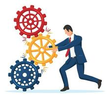 Businessman Character Joining Three Gears Together. Business Team and Teamwork Concept. Partnership, Business, Cooperation, Collaboration and Management. Idea of Team Work. Flat Vector Illustration