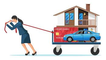 Businesswoman Pulling Burden Cart with with House Building, Car and Credit Card. Tax, Debt, Fee, Crisis, Bankruptcy. Cost of Living. Debt and Mortgage Loans. Cartoon Flat Vector Illustration