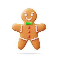 3D Holiday Gingerbread Man Cookie. Render Cookie in Shape of Man with Colored Icing. Happy New Year Decoration. Merry Christmas Holiday. New Year and Xmas Celebration. Realistic Vector illustration