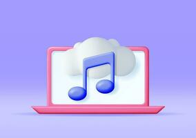 3D Music Cloud Note in Laptop. Render Computer Streaming Music Platform Icon. Modern Music Service Symbol. Note Realistic Design. Musical Note, Sound, Song or Noise Sign. Vector illustration