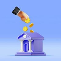 3D Bank Building and Hand with Coin. Render Financial House Icon. Construction with Columns in Ancient Design. Money Deposit and Withdrawal, Financial Transactions Service Banking. Vector Illustration