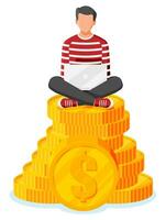 hombre sentar y Relajado en dorado monedas apilar y utilizar ordenador portátil. masculino es descansando en pila de monedas persona de libre dedicación relajante después trabajar. hipster personaje en pantalones y camiseta. plano vector ilustración