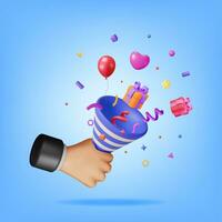 3D Party Popper with Confetti in Hand Isolated. Render Plasticine Confetti Collection. Colorful Firecracker Elements in Various Shapes. Party, Holyday Surprise or Birthday Events. Vector Illustration