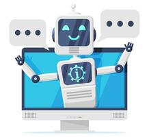 Computer with Chat Bot Speak in Bubble on Screen. Robot with Speech Window. Chatbot Greets. Online Support Bot. Artificial Intelligence, AI Helper Service, Support Assistant. Flat Vector Illustration