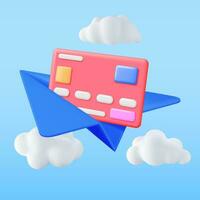 3D Bank Card in Paper Plane Isolated. Render Credit Card with Chip in Paper Aeroplan. Business Finance, Send Receive Money Online, Financial Transactions, Transfer and Exchange. Vector Illustration