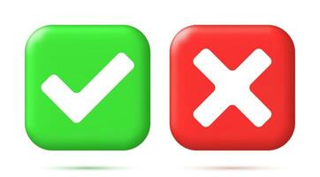 3D Right and Wrong Button in Square Shape. Green Yes and Red No Correct Incorrect Sign. Checkmark Tick Rejection, Cancel, Error, Stop, Negative, Agreement Approval or Trust Symbol. Vector Illustration