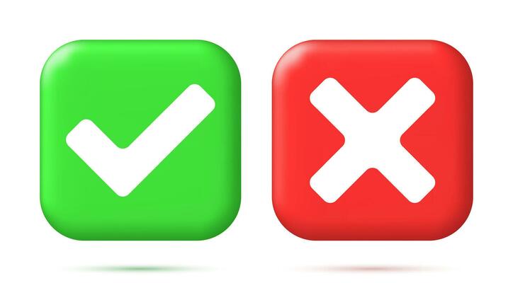 3D Right and Wrong Button in Square Shape. Green Yes and Red No Correct Incorrect Sign. Checkmark Tick Rejection, Cancel, Error, Stop, Negative, Agreement Approval or Trust Symbol. Vector Illustration