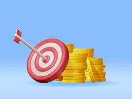 3D Stacks of Coins and Target with Arrow Isolated. Render Dartboard with Arrow and Golden Money. Business or Finance Target Concept. Targeting Audience. Achievement and Success. Vector Illustration