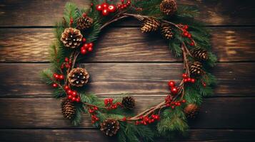 ai generado festivo Navidad guirnalda con pino conos y rojo bayas en un rústico de madera fondo, Perfecto para estacional fiesta decoración foto
