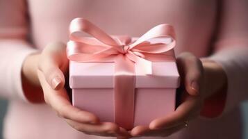 AI generated Close-up of delicate hands presenting a pink gift box with a satin ribbon, symbolizing care and generosity for a special occasion photo