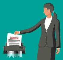 Woman Office Worker Shredding Documents. Shredder Machine And Businesswoman With Confidential Paper. Office Device For Destruction Of Documents. Data Protection. Flat Vector Illustration