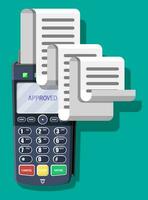 Modern POS terminal with big paper receipt. Shopping concept. Bank payment device. Payment nfc keypad machine. Credit debit card reader. Vector illustration in flat style