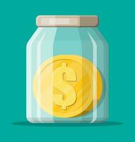 Glass money jar with big gold coin. Saving dollar coin in moneybox. Growth, income, savings, investment. Symbol of wealth. Business success. Flat style vector illustration.
