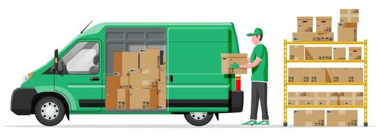 almacén estantería con bienes, entrega camioneta, agente de mudanzas, envase paquete cajas pila cartulina cajas colocar. caja de cartón entrega embalaje abierto y cerrado caja con frágil señales. plano vector ilustración