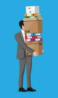 Stressed businessman holds pile of office folders and documents. Overworked business man with stacks of papers. Stress at work. Bureaucracy, paperwork, big data. Vector illustration in flat style