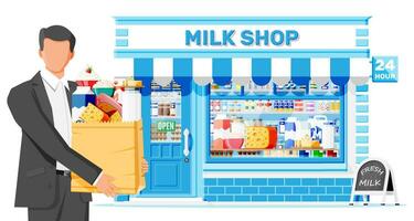 Dairy store or milk shop and man customer. Store facade with storefront. Farmer shop, showcase counter. Milk cheese yogurt butter sour cream cottage cream farm products. Flat vector illustration