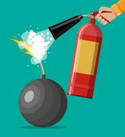 Black ball bomb about to explode and hand extinguisher. Metal circle bomb with burning wick about to blast. Stop conflict concept. Vector illustration in flat style