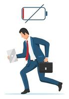 Businessman character tired low battery. Overworked male entrepreneur executive at work. Stressed business man with briefcase and laptop. Sad person in need of recharge. Flat vector illustration