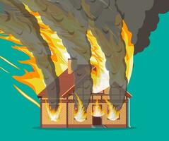 Brick house burns. Fire in cottage. Orange flames in windows, black smoke with sparks. Property insurance. Natural disaster concept. Vector illustration in flat style