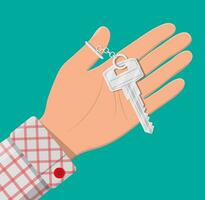 Hand with metal key. Real estate, mortgage, car sale, rent apartments or house. Vector illustration in flat style
