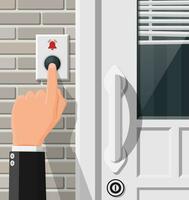 Hand push the bell button at the front door. Finger presses the doorbell switch. Person rings in the apartment. Flat vector illustration