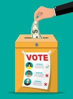 Voter and politician agreement. Voting ballot and envelope with money. Selling vote for election. Deal of election frauds. Bribe and corruption in election. Vector illustration in flat style