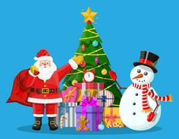 Navidad árbol con guirnaldas pelotas regalo cajas Papa Noel y muñeco de nieve. contento Año nuevo decoración. alegre Navidad víspera día festivo. nuevo año y Navidad celebracion. vector ilustración en plano estilo