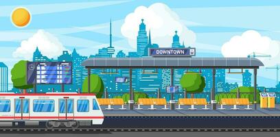 Subway Station with Train. Modern Metro Station Cityscape. Public Transport. Platform with Schedule. Arriving Train. Passenger Express Railway. Railroad Transportation. Flat Vector Illustration