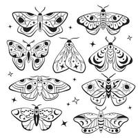 Celestial moon night moths, esoteric butterflies, boho line illustrations, set of vector drawings