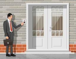 Businessman in suit with briefcase push bell button at the front door. Finger presses the doorbell switch. Person rings in apartment. Invitation to enter or new opportunity. Flat vector illustration