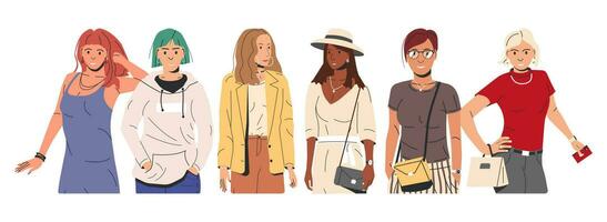 grupo de Moda hembra caracteres. joven mujer en de moda atuendo. los hipsters en pie juntos. muchachas con diferente peinados piel y etnias en elegante casual ropa. plano vector ilustración