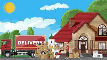 Moving to new house. Family relocated to new home. Male mover, paper cardboard boxes near house, delivery truck. Package for transportation. Household items and electronics. Flat vector illustration