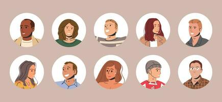 Different People Avatars. Set of Circle User Portraits. Male and Female Characters. Man and Woman in Trendy Outfit. Guys and Girls with Different Hairstyles and Ethnicities. Flat Vector Illustration