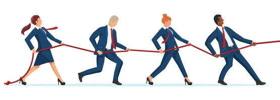 Businesswoman and Businessman Pull of Rope. Man and Woman Tug of War. Team Work, Help and Support. Business Target, Rivalry, Competition, Conflict. Achievement, Goal Success. Flat Vector Illustration