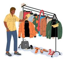 ropa y accesorios colgando en percha. hogar o tienda armario. ropa y accesorios. varios colgando ropa. chaqueta, camisa, vaqueros, pantalones, bolsas, Zapatos y sombreros. dibujos animados plano vector ilustración