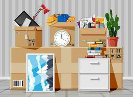 Moving to new house. Family relocated to new home. Paper cardboard boxes with various household thing. Package for transportation. Computer, lamp, clothes, books. Vector illustration in flat style