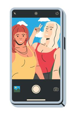 Couple of Stylish Woman Taking Selfie Together. Girlfriends or Lesbian Couple in Trendy Casual Clothes. Girls Using Smartphone to Take Selfie. Stylish Female Characters. Flat Vector Illustration
