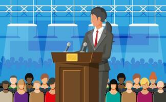 Orator speaking from tribune. Public speaker. Wooden rostrum with microphones for presentation. Stand, podium for conferences, lectures debates. Crowd, demonstrators, protest. Flat vector illustration