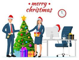 Christmas and New Year Office Desk Workspace Interior. Gift Box, Christmas Tree, Chair, Computer PC, Clocks. Business People. New Year Decoration. Merry Christmas Xmas. Flat Vector Illustration