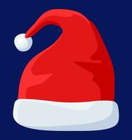 Red Santa Claus Hat Isolated on Blue Background. Hat with Fur and Pompon. Happy New Year Decoration. Merry Christmas Clothes Holiday. New Year and Xmas Celebration. Vector Illustration in Flat Style