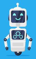 Happy Smiling Robot with Isolated. Chat Bot with Gears. Chatbot Robot Greets. Artificial Intelligence, AI Helper. Service and Support Assistant. Cartoon Flat Vector Illustration