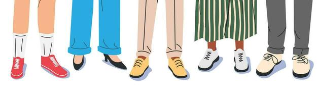 mujer y hombre piernas en elegante zapatillas. conjunto de varios hembra y masculino Zapatos con pies. botas, zapatillas, bote, Parte superior. niña y chico calzado. diferente hembra zapatos. dibujos animados plano vector ilustración