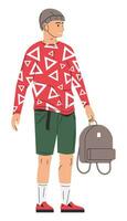 White Skinned Man in Long Sleeve with Print, Shorts, Hat, Socks, Moccasins. Young Man in Trendy Street Clothes. Male Character in Stylish Casual Look. Fashionable Guy. Cartoon Flat Vector Illustration