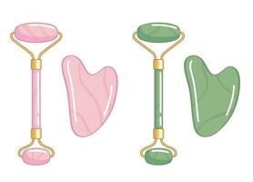 rosado cuarzo y jade cara rodillo y gua sha herramienta. masaje, cara rutina, Mañana cuidado ilustración. vector