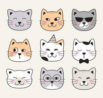 Funny cat faces. Animal character pet faces. Doodle illustrations, cartoon, comic style drawings vector