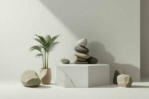 AI generated Premium stones podium for Presentation of the product with leaves. Pro Photo