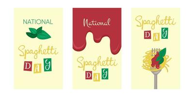 National Spaghetti Day cards. Handwriting text and spaghetti on fork with tomato sauce and basil vector