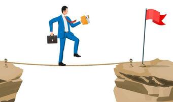 Businessman in suit walking on rope with suitcase and folder. Business man walking on tightrope gap. Obstacle on road, financial crisis. Risk management challenge. Vector illustration in flat style